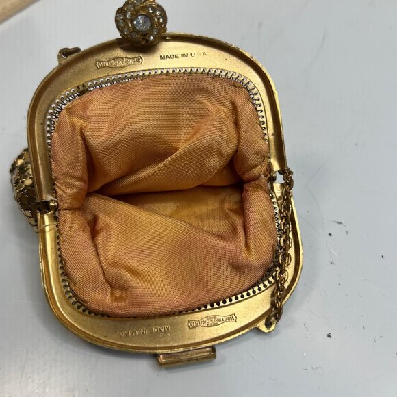 Vintage Women's Whiting and Davis Gold Mesh Coin Purse Rhinestone Clasp Chain - Picture 4 of 5